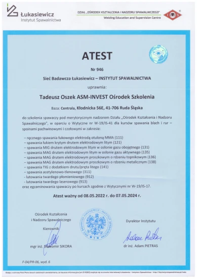 Atest Instytutu Spawalnictwa Łukasiewicz 2022-01