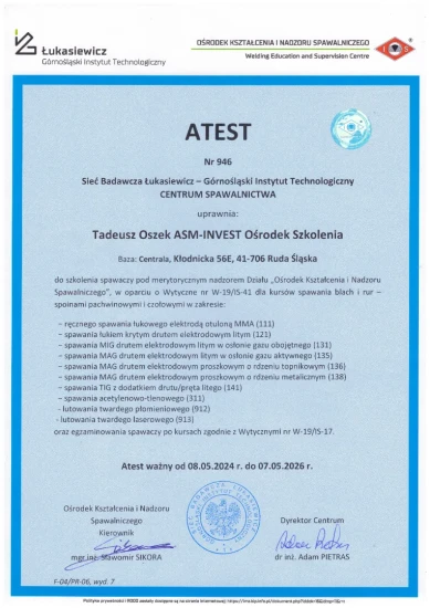 Atest- nstytutu Spawalnictwa 2024
