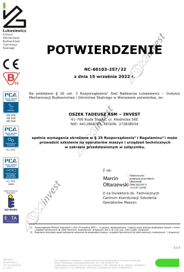 Potwierdzenia spełniania wymagań dotyczących zakresu szkoleń IMBiGS